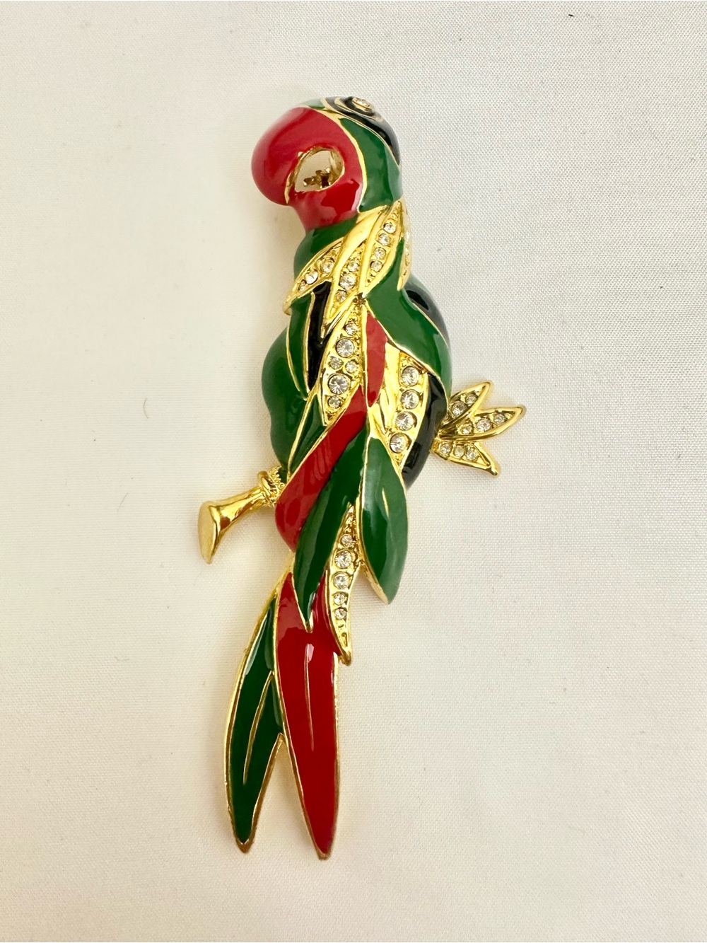 Vintage Gold Plated Green & Red Enamel Parrot Brooch w/ Gold & Crystal Accents